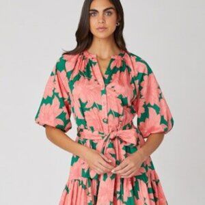 Shoshanna Salina Dress Pink Floral with Green Accents, Tie-Front